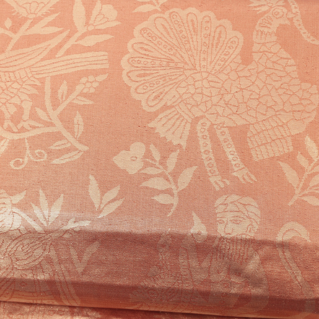 袋帯 帯丈424cm 六通 金襴 花喰鳥 オリエンタル セミフォーマル 朱系 正絹 Sランク 1223-00208