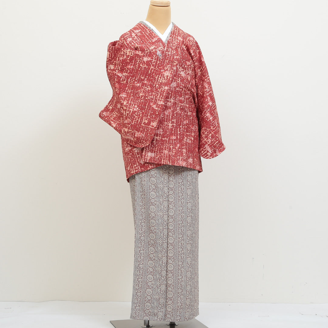道中着 袷 身丈72cm 裄丈64cm 正絹 Sランク Mサイズ 創作柄 朱系 RP 1236-05544