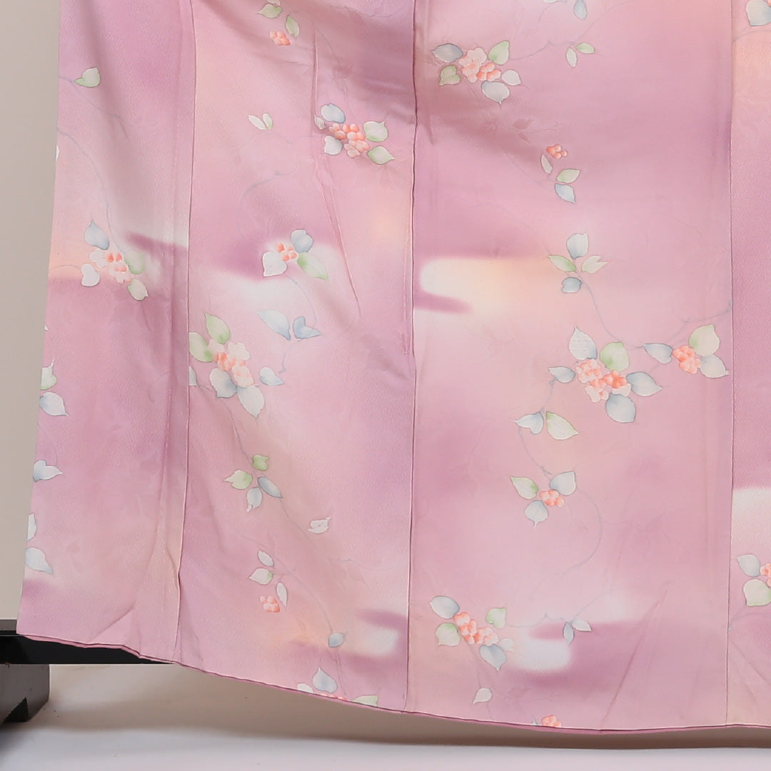 小紋 袷 身丈164cm 裄丈66cm 正絹 Sランク インフォーマル バチ衿 Lサイズ ぼかし 花柄 可憐 控え目 ピンク系 HP 1221-00402