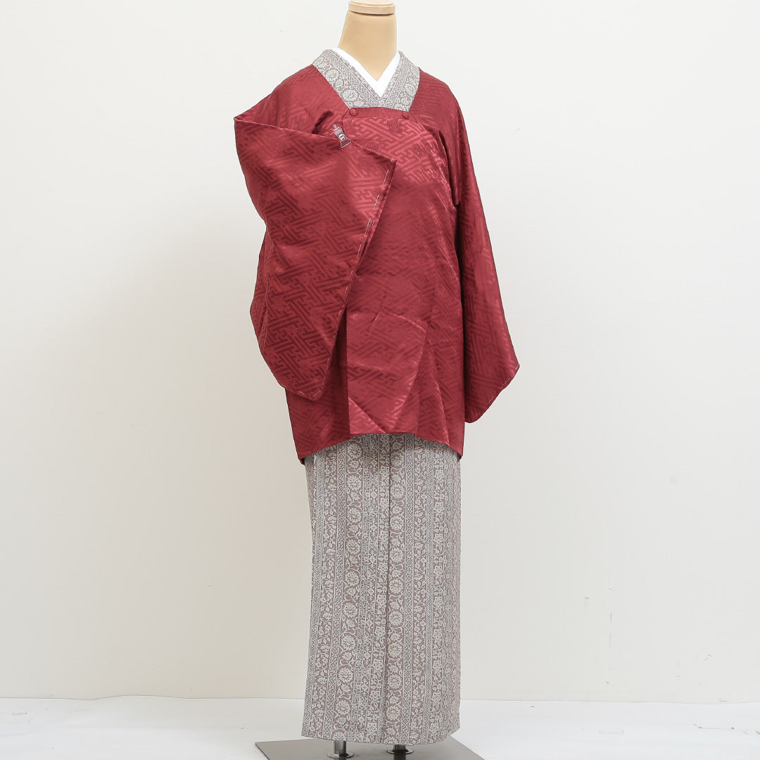 道行コート 袷 身丈79cm 裄丈65cm 正絹 Sランク 紋意匠 (紗綾型に菊) カジュアル Mサイズ 赤系 RP 1237-05515