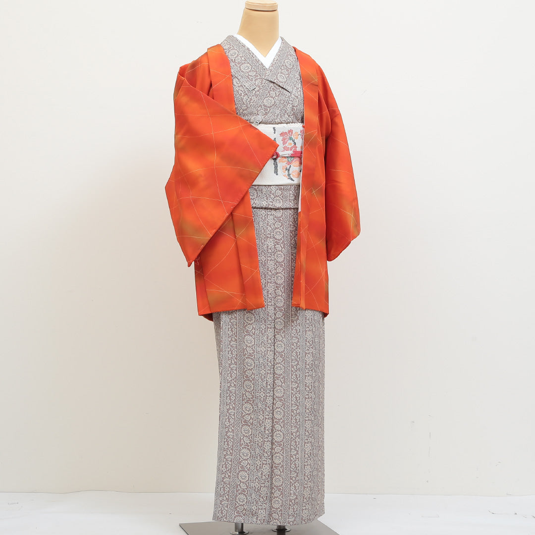 洗える着物 羽織 袷 身丈81cm 裄丈64cm ポリエステル Sランク カジュアル Mサイズ 創作柄 朱系 RP 1232-05537