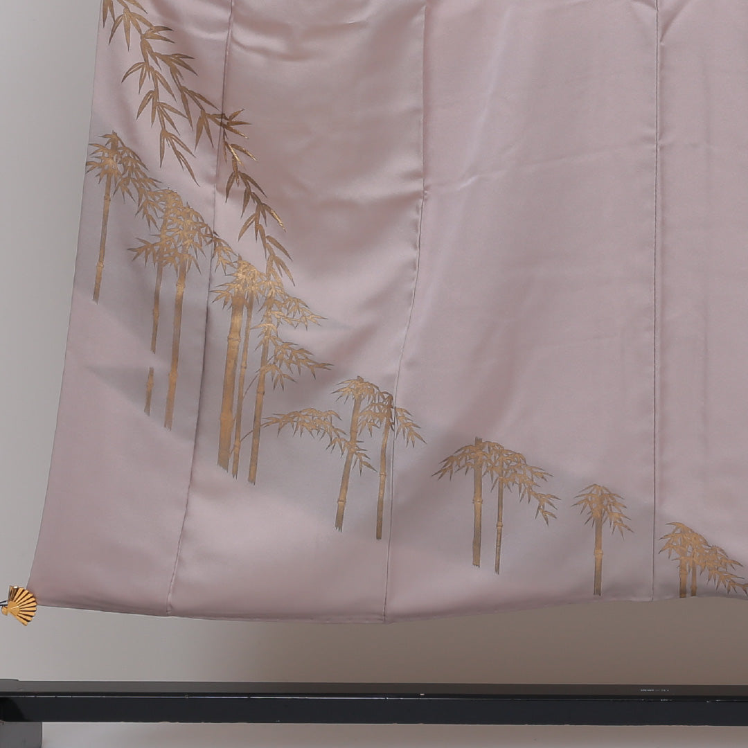 訪問着 袷 身丈150cm 裄丈62cm 正絹 Sランク セミフォーマル 広衿 Sサイズ 金箔 刺繍 笹 竹 ピンク系 RP 1217-04055