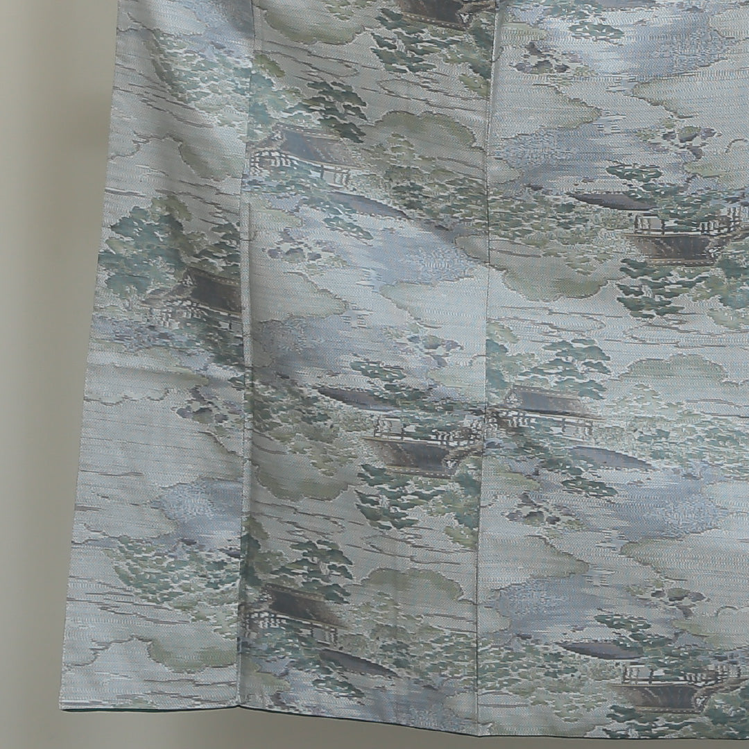 大島紬 袷 身丈151cm 裄丈62cm 正絹 Sランク インフォーマル 広衿 Sサイズ 9マルキ 茶屋辻 緑系 SR 1223-02726