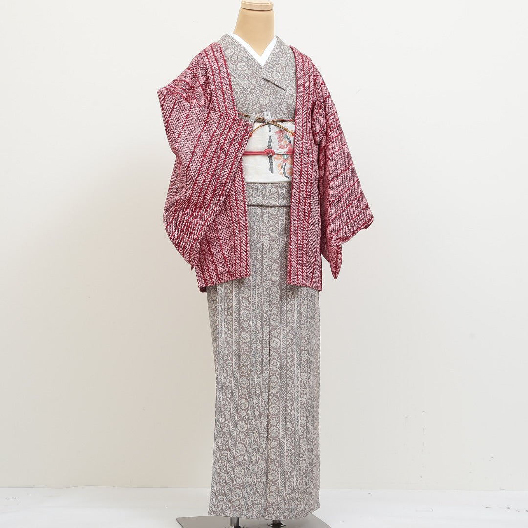 羽織 袷 身丈72cm 裄丈63cm 正絹 Aランク カジュアル Sサイズ 紐あり 縞 赤系 HP 1232-05471