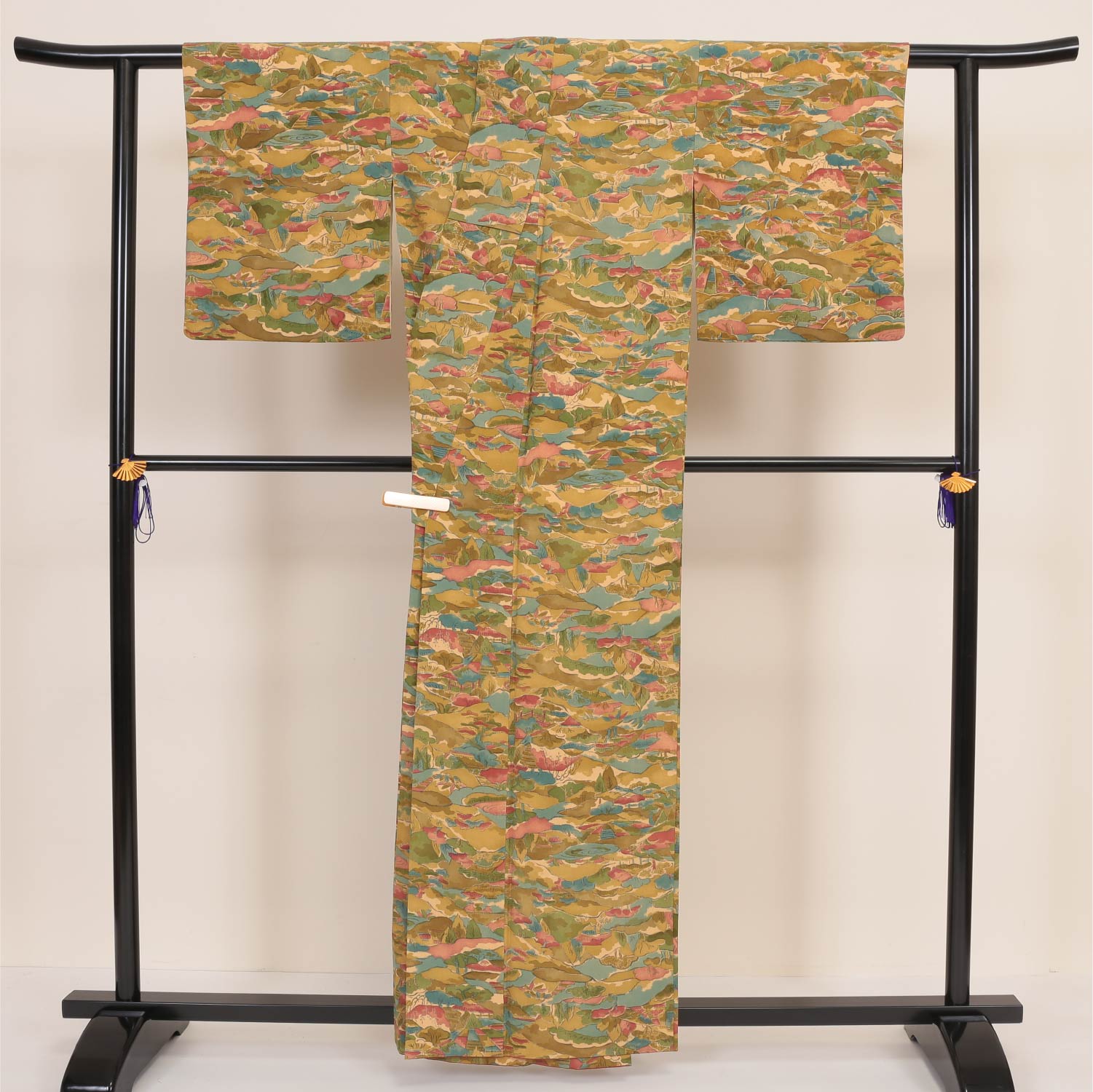 小紋 袷 身丈156cm 裄丈63cm 正絹 Aランク インフォーマル 広衿 Mサイズ 茶屋辻 緑系 HP 1221-00043