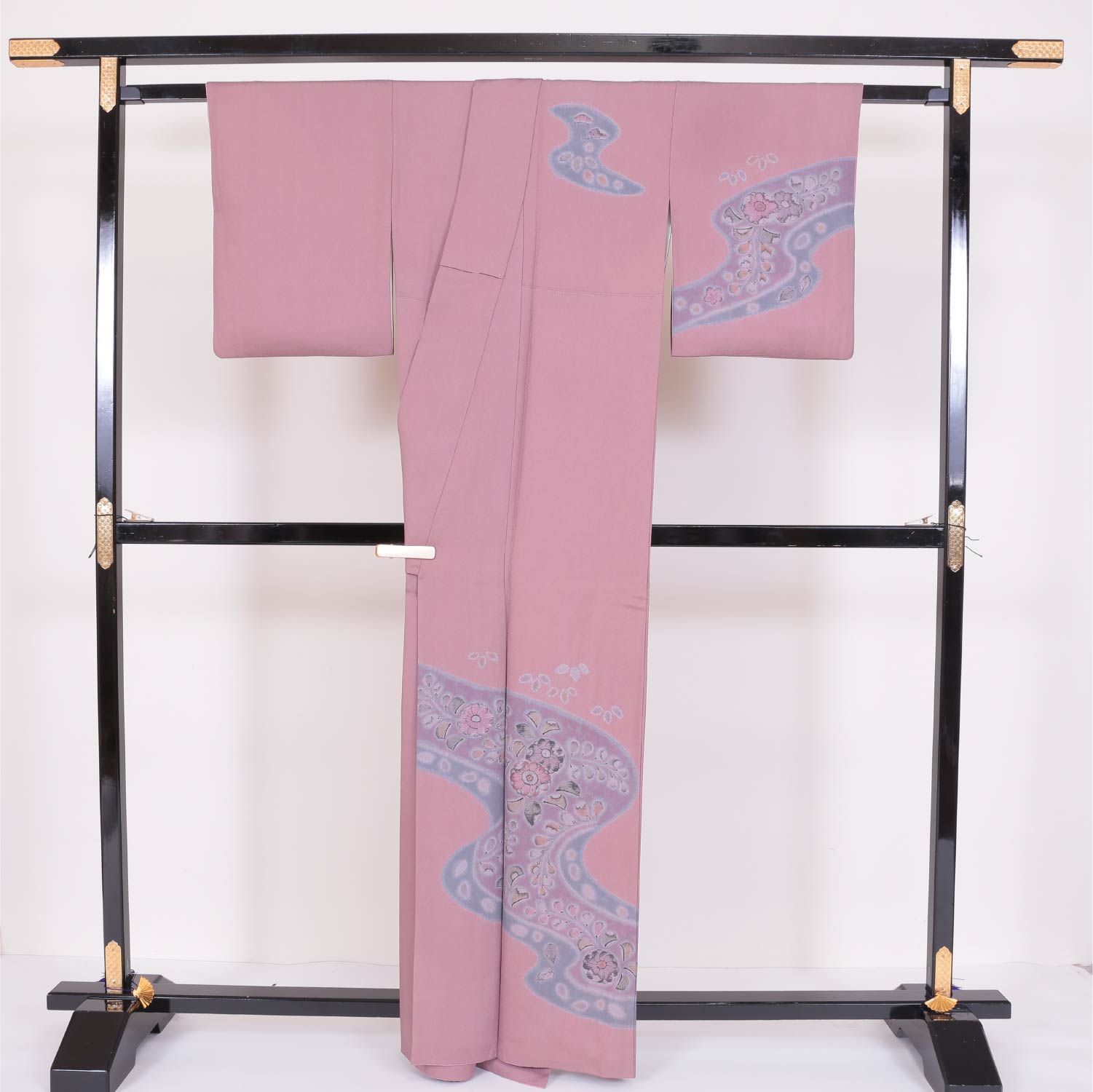 訪問着 袷 身丈161cm 裄丈63cm 正絹 Sランク セミフォーマル 広衿 Lサイズ 辻が花風 流水 花柄 ピンク系 RP 1217-04005