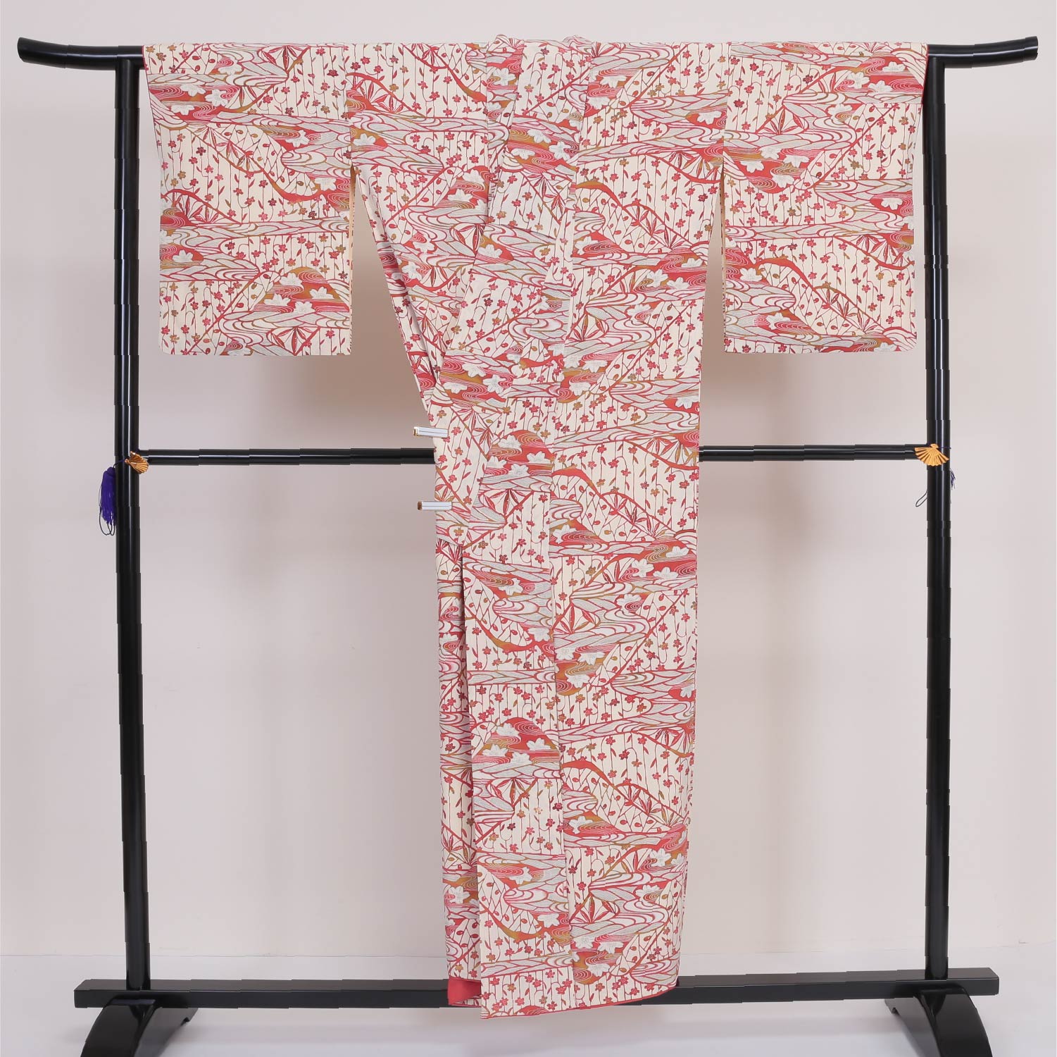 小紋 袷 身丈150cm 裄丈64cm 正絹 Aランク インフォーマル 広衿 Sサイズ 桜川 白系 RP 1221-00008