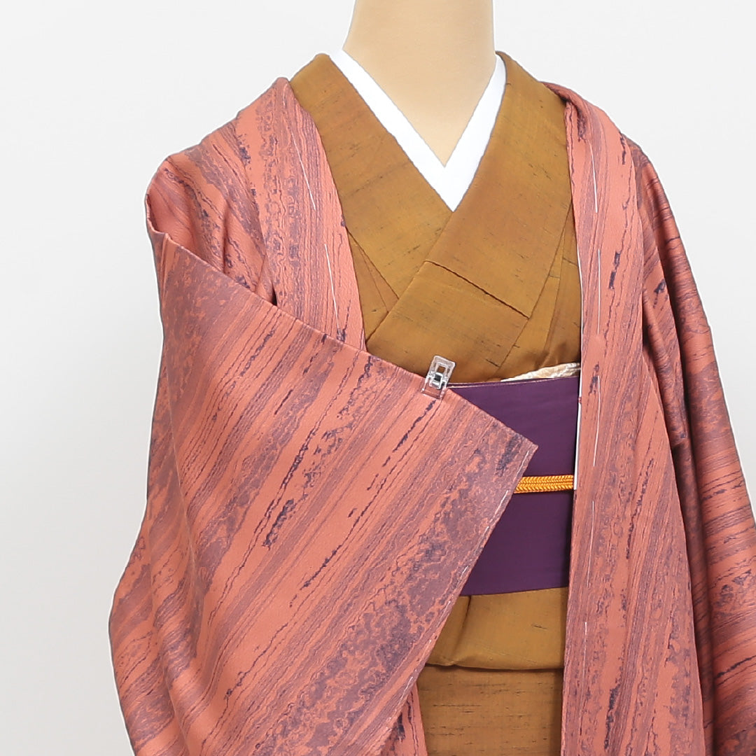 未使用品 羽織 袷 身丈73cm 裄丈63cm 正絹 Nランク カジュアル Sサイズ しつけ糸 墨流し ピンク系 RP 1232-05359
