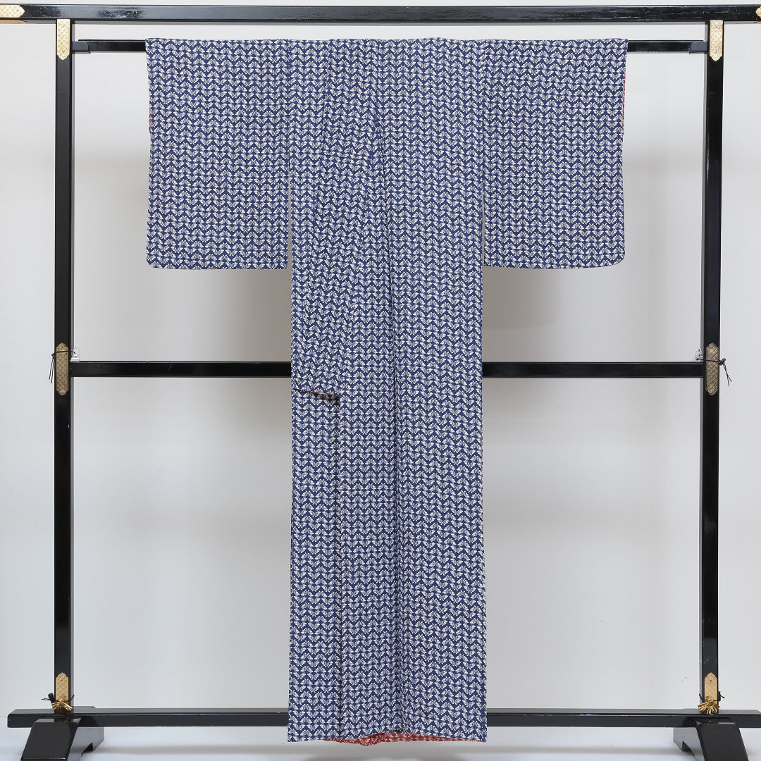 小紋 袷 身丈154cm 裄丈64cm 正絹 Sランク インフォーマル 広衿 Sサイズ 蝶 青系 RP 1221-00536