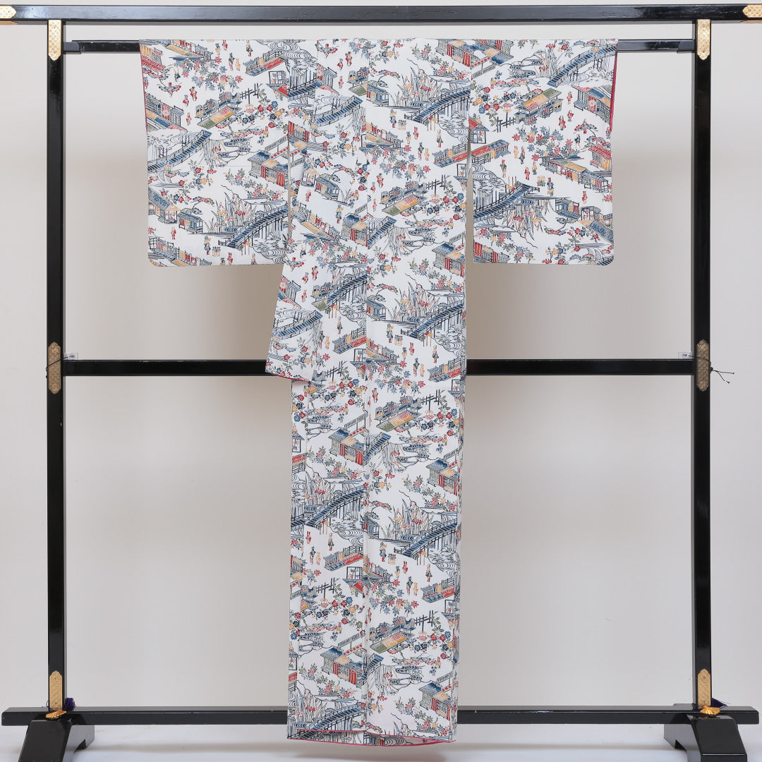 小紋 袷 身丈156cm 裄丈64cm 正絹 Sランク インフォーマル 広衿 Mサイズ 御所解 松 白系 RP 1221-00196