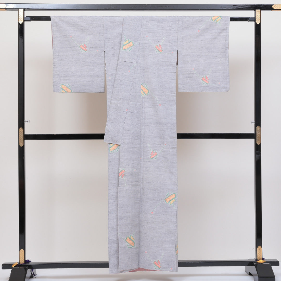 紬 袷 身丈155cm 裄丈64cm グレー系 正絹 創作駒 Aランク 1216532200079