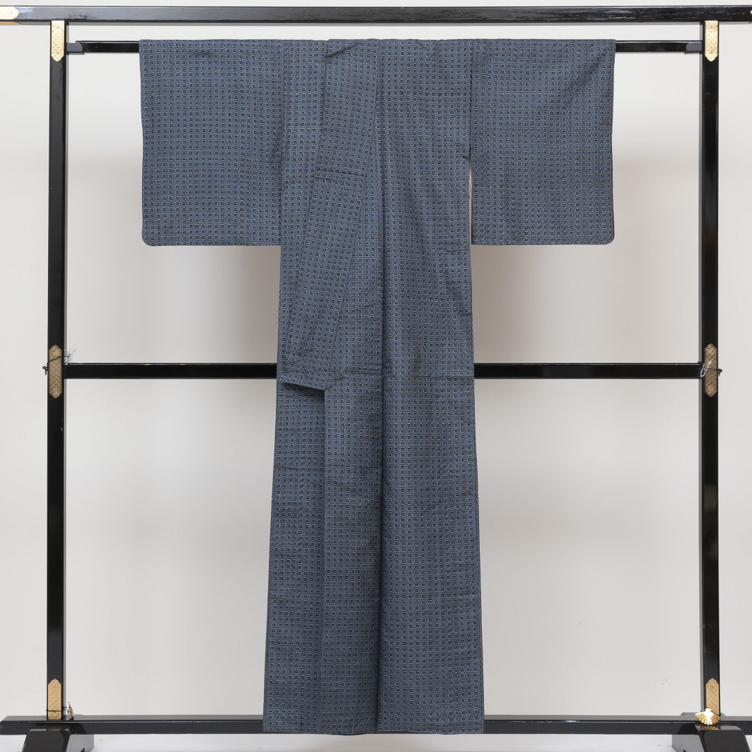 アンサンブル 大島紬 袷 身丈153cm 裄丈63cm 正絹 Aランク インフォーマル 広衿 Sサイズ 格子 青系 RP 1223-02599