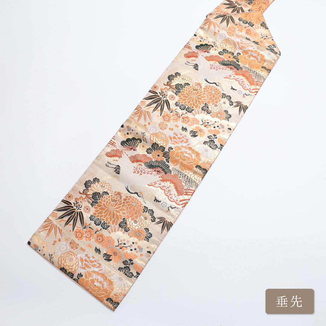 アンティーク 名古屋帯 帯丈340cm 六通 名古屋仕立て Cランク セミフォーマル 菊 梅 鶴 松 笹 正絹 白系 1224-00254