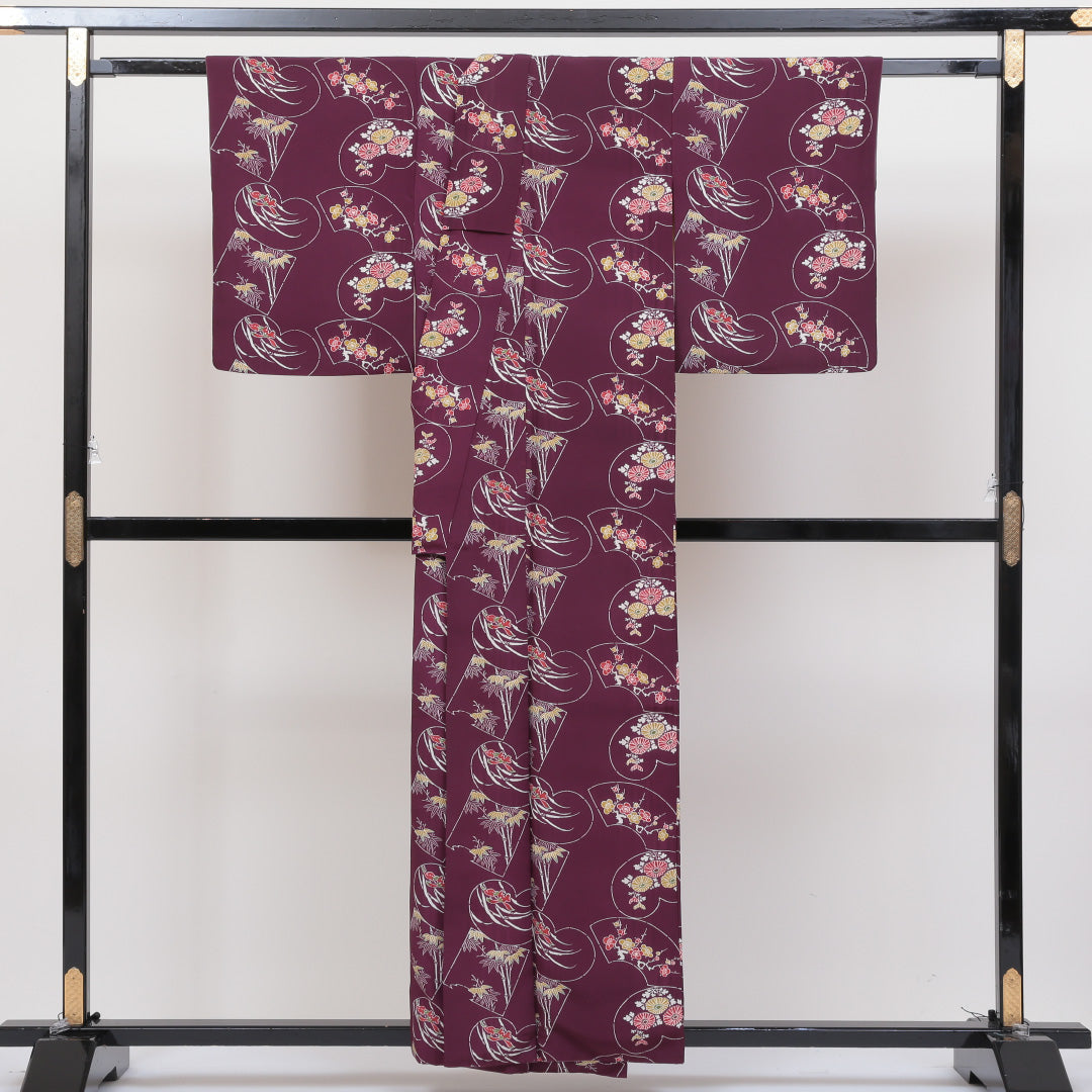 小紋 袷 身丈155cm 裄丈63cm 正絹 Cランク インフォーマル 広衿 Mサイズ 扇 菊 笹 紫系 LP 1221-00346