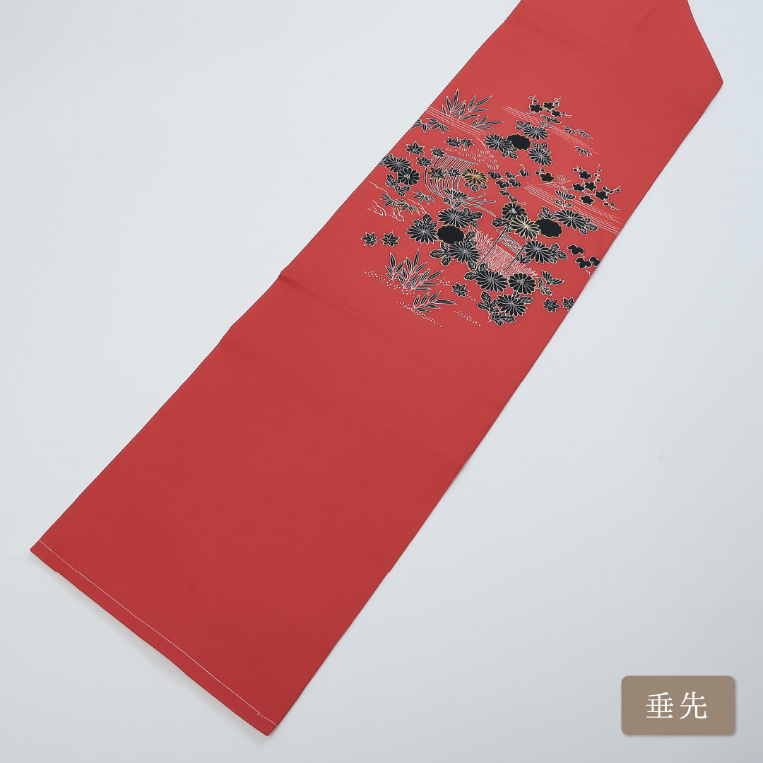 九寸名古屋帯 Aランク 帯丈370cm 正絹 ポイント柄 名古屋仕立て 染め セミフォーマル 塩瀬 型染め 御所解 朱系 RP 1245-00427