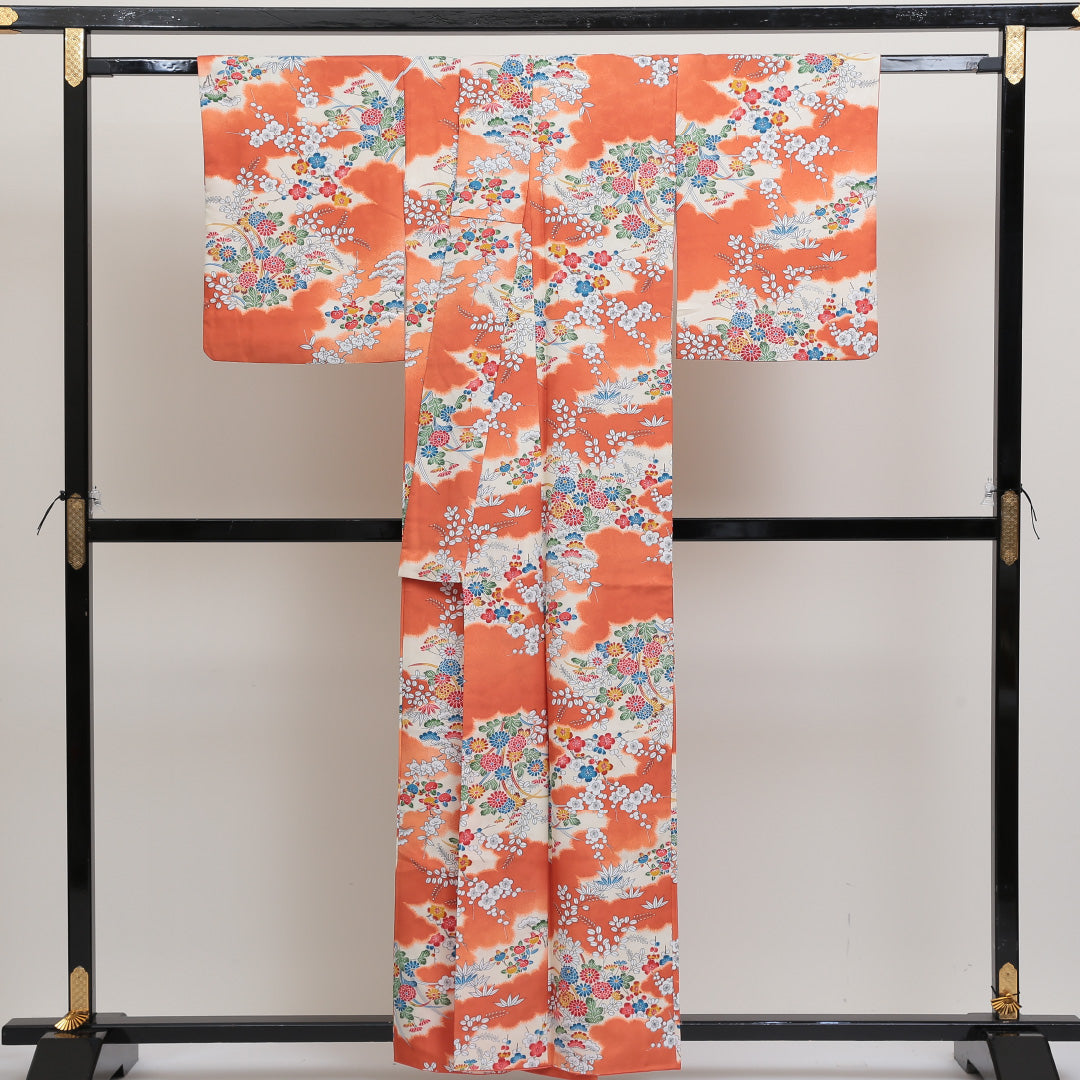 洗える着物 小紋 袷 身丈156cm 裄丈62cm ポリエステル Sランク インフォーマル 広衿 Mサイズ 花柄 朱系 RP 1221-00576