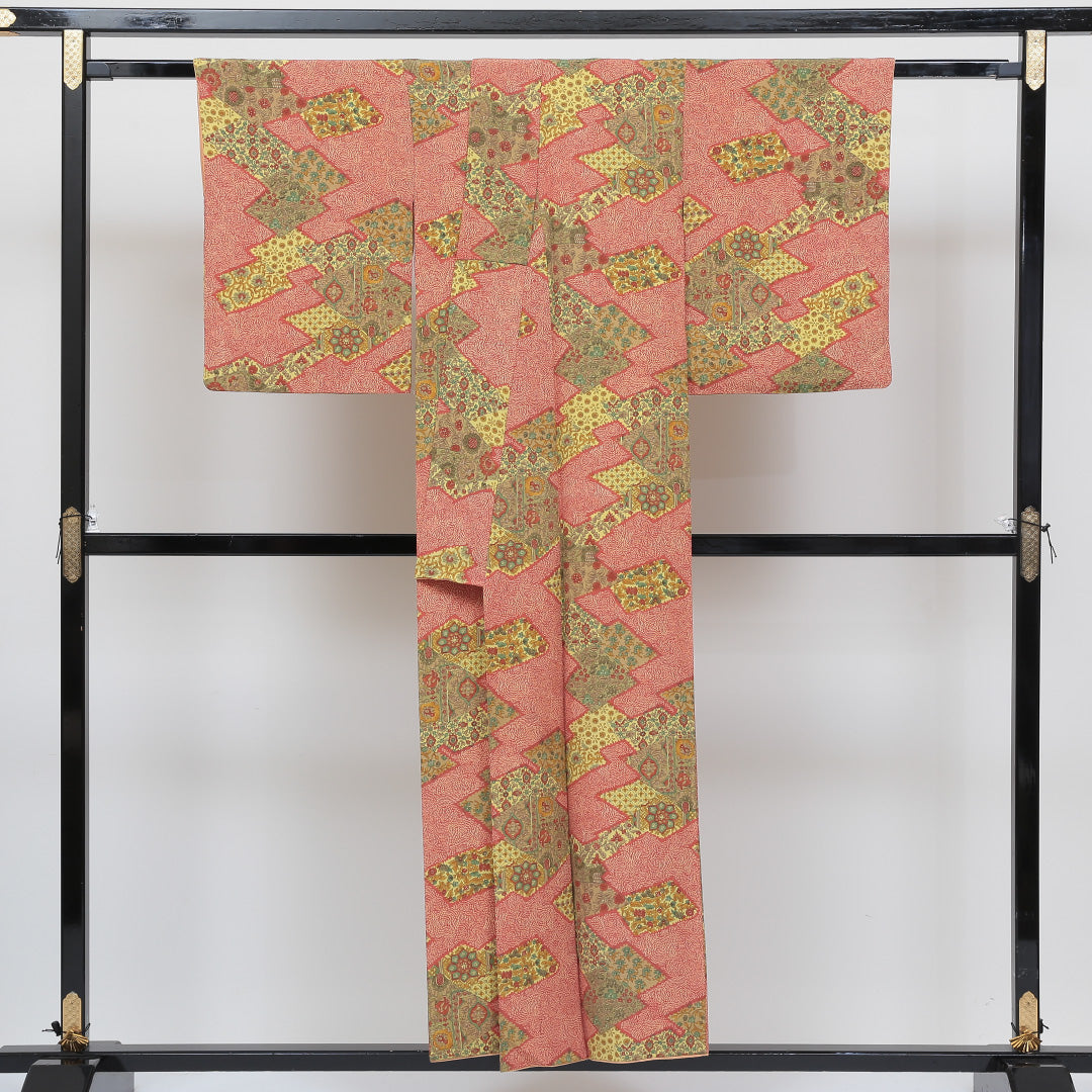 小紋 袷 身丈151cm 裄丈63cm 正絹 Sランク インフォーマル 広衿 Sサイズ 更紗 菊 赤系 RP 1221-00525