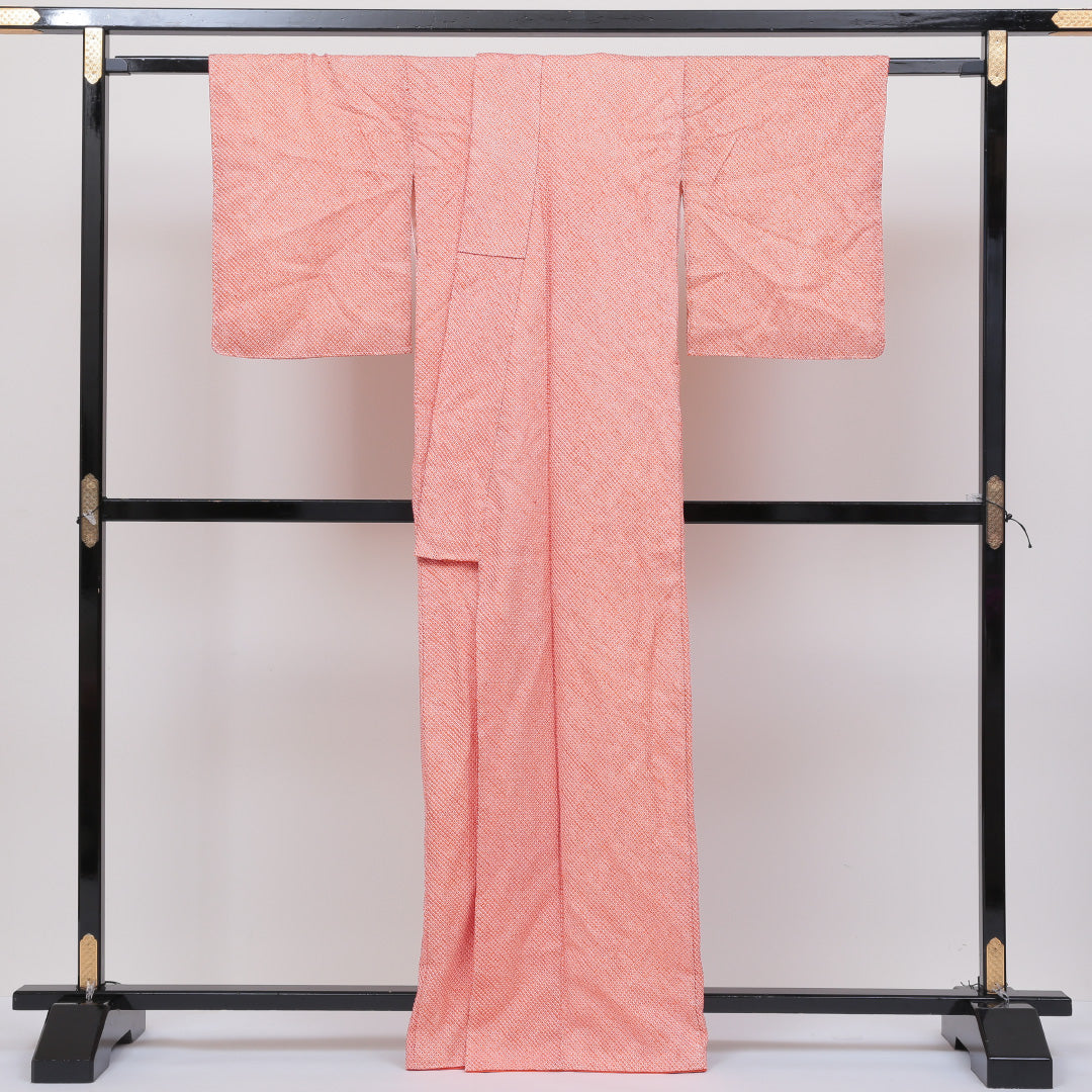 小紋 袷 身丈165cm 裄丈66cm 正絹 Bランク インフォーマル 広衿 XLサイズ 鹿の子柄 朱系 HP 1221-00318