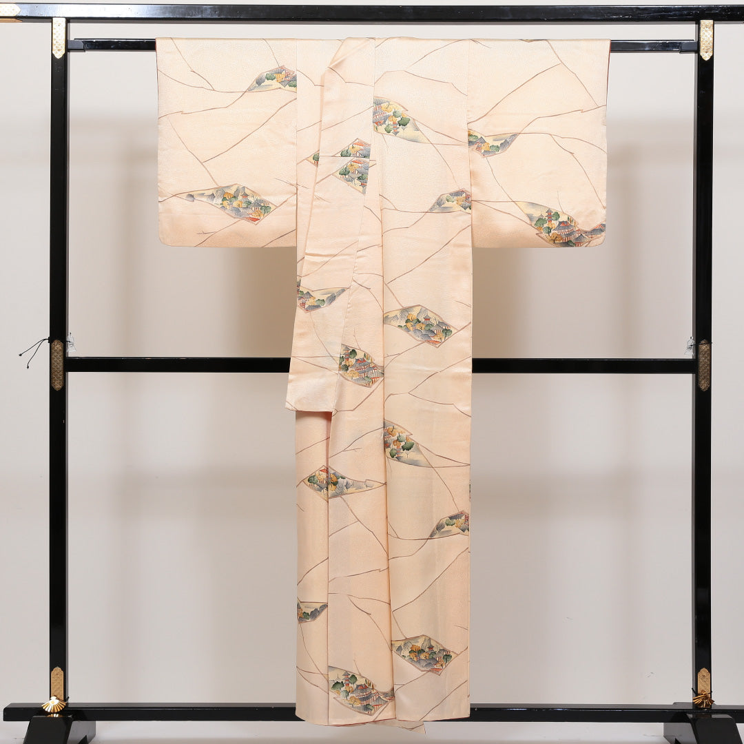 小紋 袷 身丈152cm 裄丈62cm 正絹 Sランク インフォーマル 広衿 Sサイズ 風景柄 クリーム系 RP 1221-00403