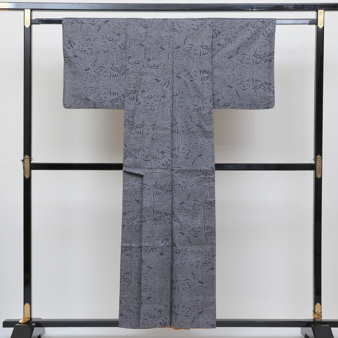 村山大島紬 袷 身丈154cm 裄丈62cm 正絹 Aランク インフォーマル 広衿 Sサイズ 植物柄 紺系 RP 1223-02620