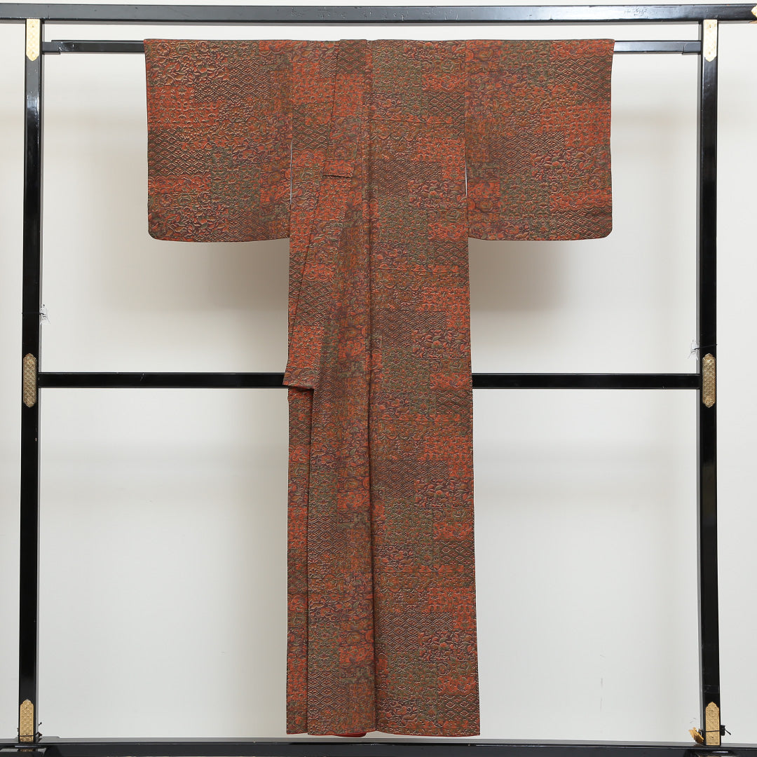 小紋 袷 身丈150cm 裄丈63cm 正絹 Sランク インフォーマル バチ衿 Sサイズ 更紗 古典柄 茶系 RP 1221-00690