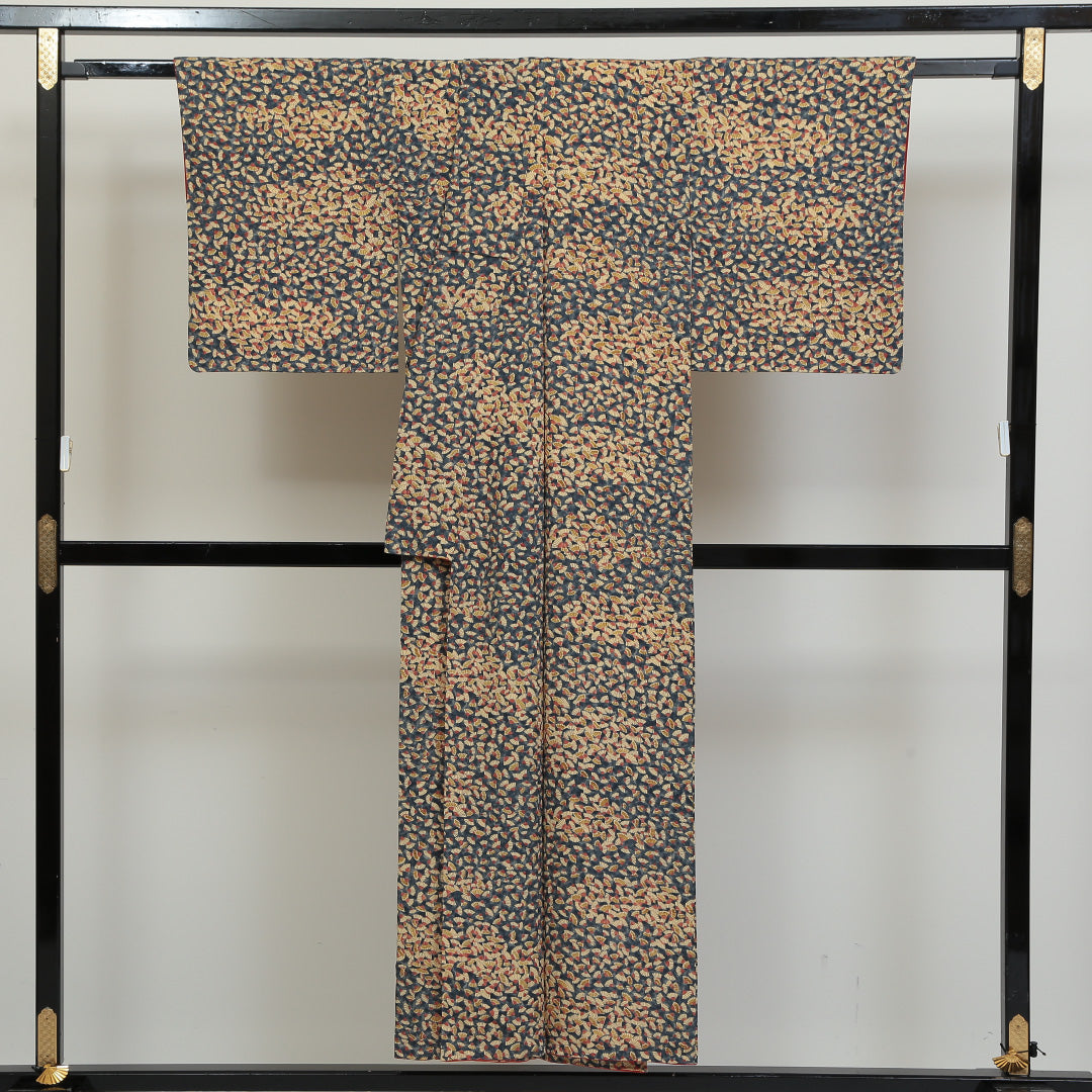 小紋 袷 身丈148cm 裄丈65cm 正絹 Sランク インフォーマル 広衿 XSサイズ 扇 紺系 RP 1221-00781