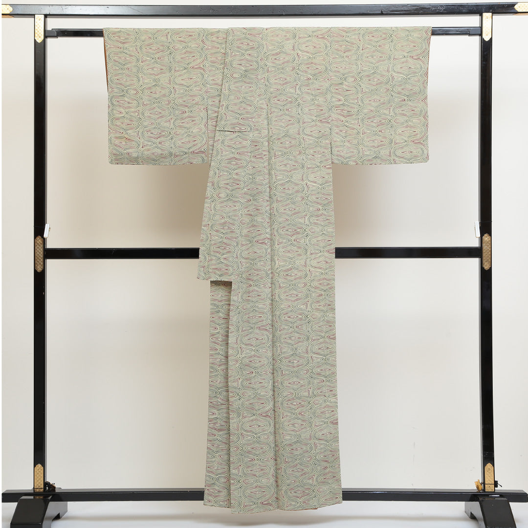 小紋 袷 身丈154cm 裄丈65cm 正絹 Sランク インフォーマル 広衿 Sサイズ 幾何学柄 緑系 SR 1221-00724