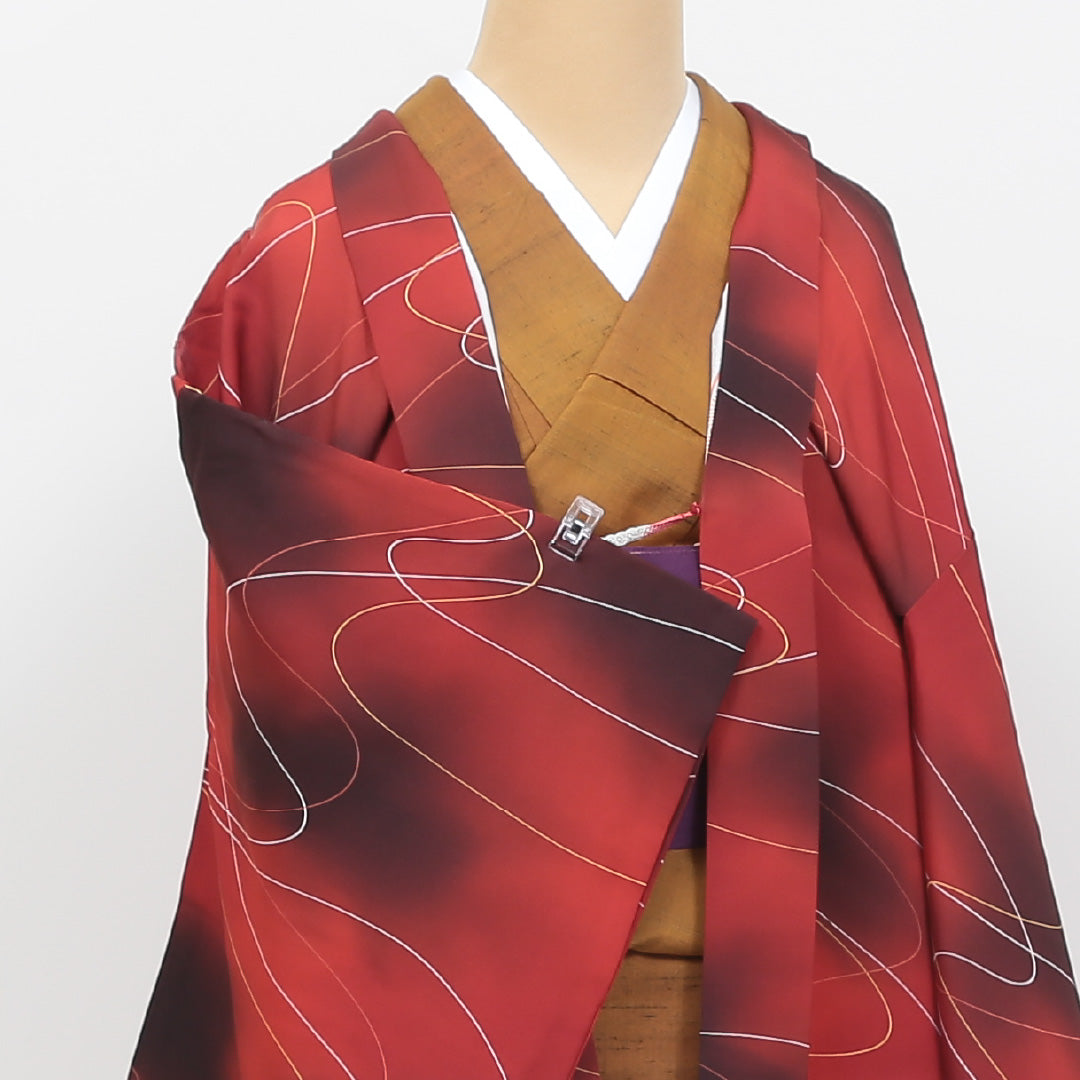 羽織 袷 身丈76cm 裄丈65cm 正絹 Sランク カジュアル Mサイズ ぼかし染 紐あり 創作柄 赤系 RP 1232-05428