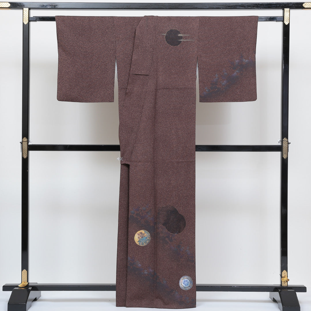 訪問着 袷 身丈159cm 裄丈66cm 正絹 Sランク セミフォーマル 広衿 Mサイズ べっ甲箔 木村吉幸 作家物 落款 創作柄 茶系 SR 1217-04118
