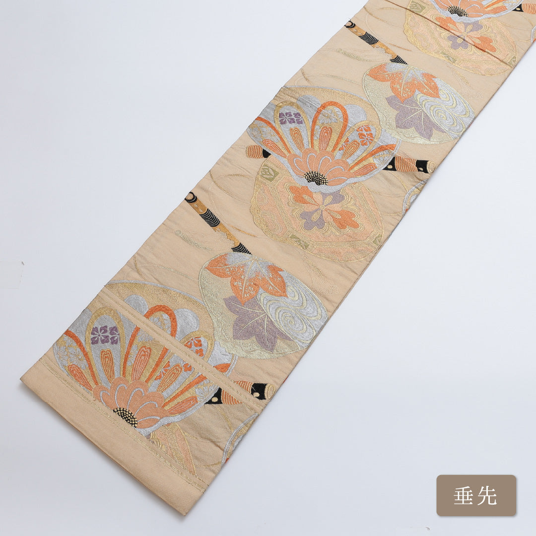 アンティーク 丸帯 帯丈408cm 全通 楓 笛 組紐 カジュアル クリーム系 正絹 Aランク 1223-00269