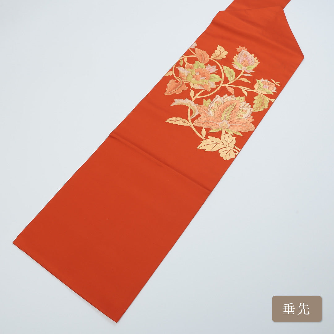 九寸名古屋帯 Aランク 帯丈348cm 正絹 ポイント柄 名古屋仕立て 織り セミフォーマル 唐草華文 朱系 LP 1245-00463