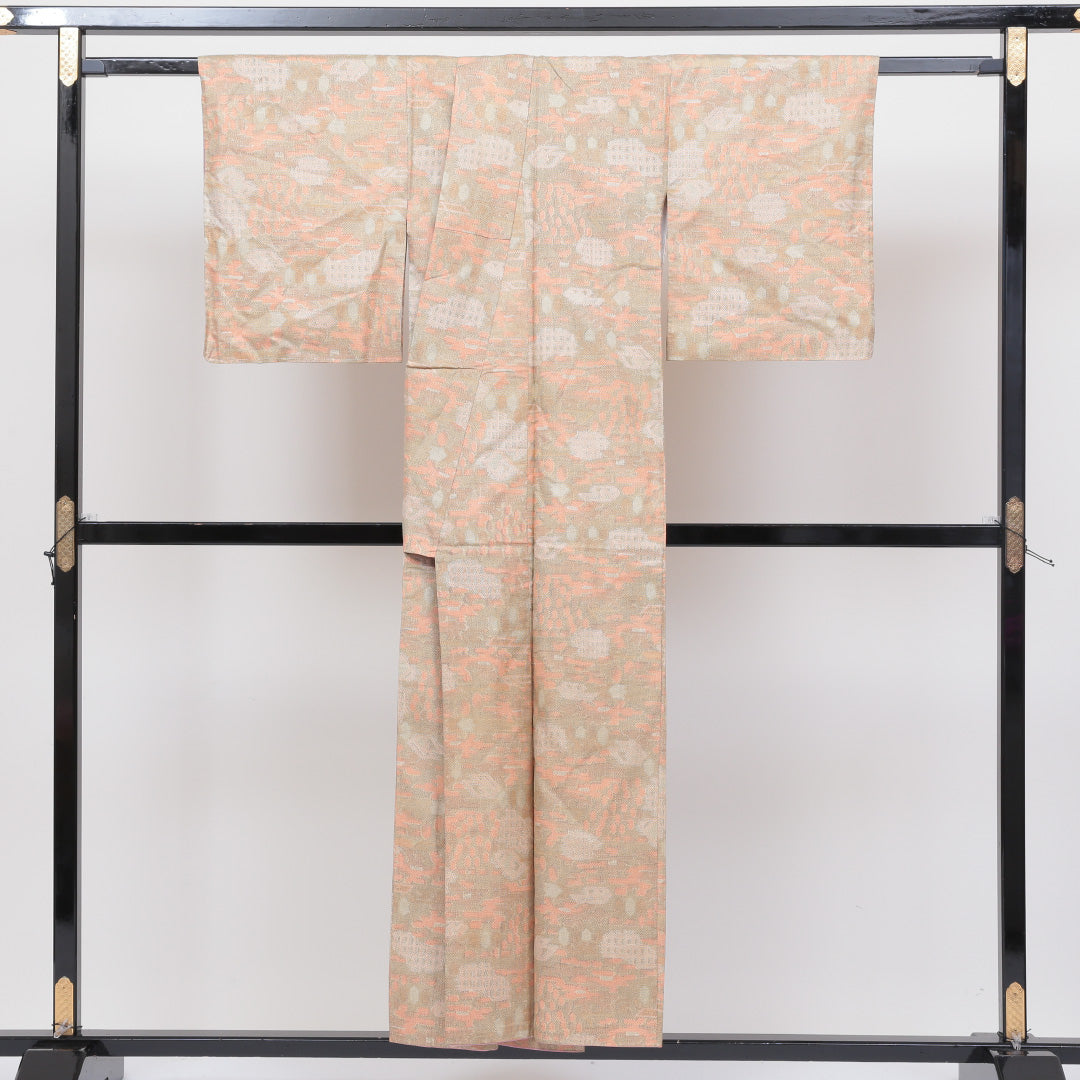 紬 袷 身丈150cm 裄丈62cm 正絹 Bランク カジュアル 広衿 Sサイズ 創作柄 朱系 HP 1223-02573