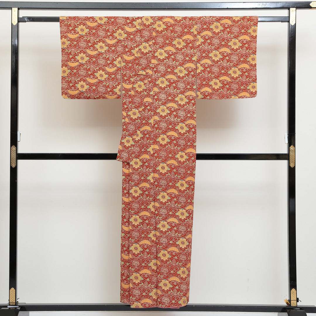 小紋 袷 身丈149cm 裄丈64cm 正絹 Sランク インフォーマル バチ衿 XSサイズ 吉祥文様 茶系 RP 1221-00693