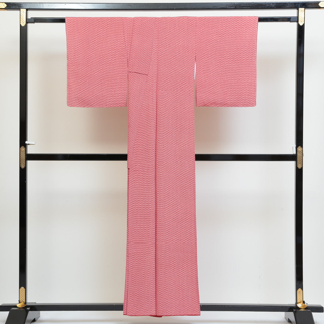 小紋 袷 身丈156cm 裄丈64cm 正絹 Sランク インフォーマル 広衿 Mサイズ 市松 赤系 RP 1221-00767