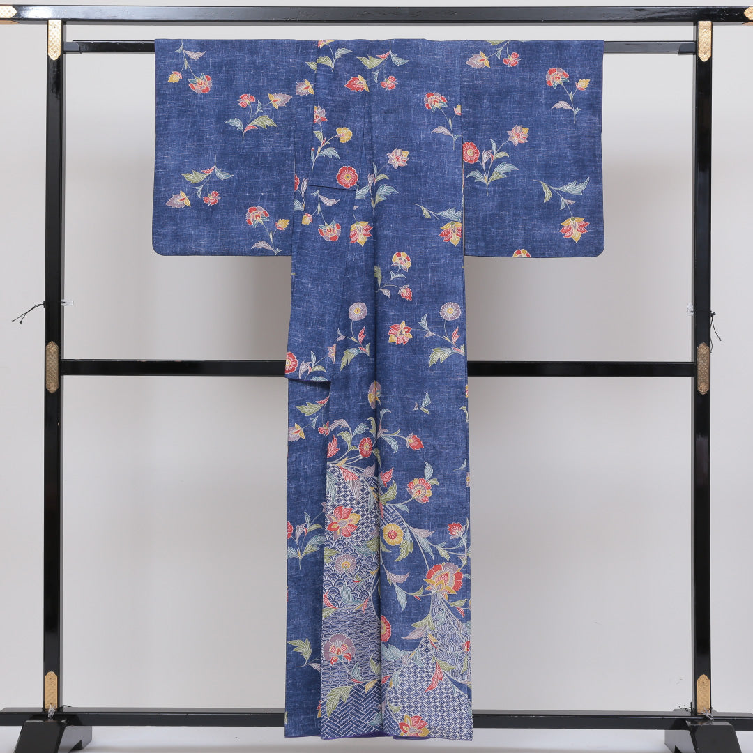 訪問着 袷 身丈154cm 裄丈62cm 正絹 Sランク セミフォーマル 広衿 Sサイズ 唐華 吉祥文様 青系 PO 1217-04085