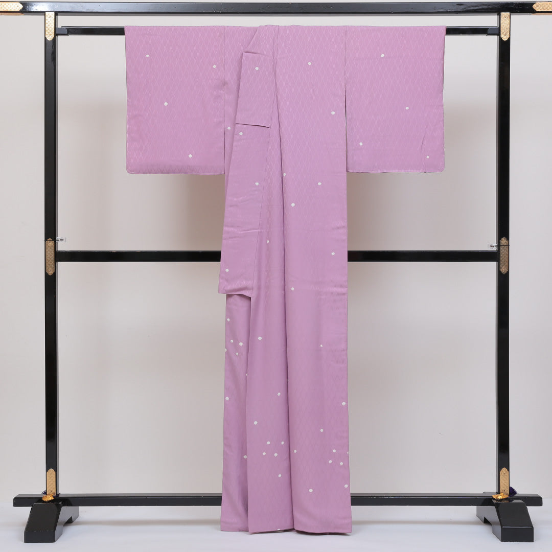 小紋 袷 身丈162cm 裄丈63cm 正絹 Aランク インフォーマル 広衿 Lサイズ よろけ縞 紫系 HP 1221-00244