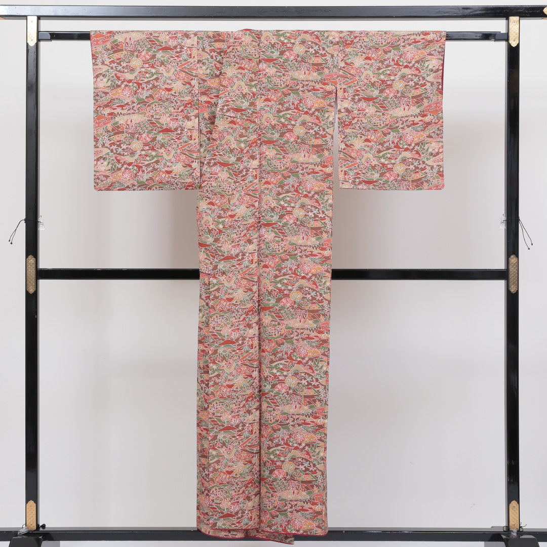 洗える着物 小紋 袷 身丈152cm 裄丈65cm ポリエステル Aランク インフォーマル 広衿 Sサイズ 茶屋辻 茶系 RP 1221-00362