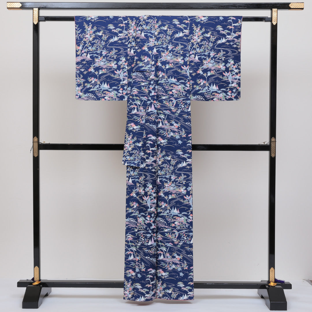 小紋 袷 身丈159cm 青系 正絹 美品 花鳥 リサイクル着物 1215231700176
