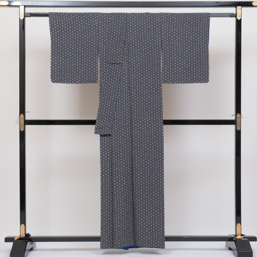 小紋 袷 身丈156cm 裄丈64cm 正絹 Sランク インフォーマル 広衿 Mサイズ 麻の葉 黒系 RP 1221-00250