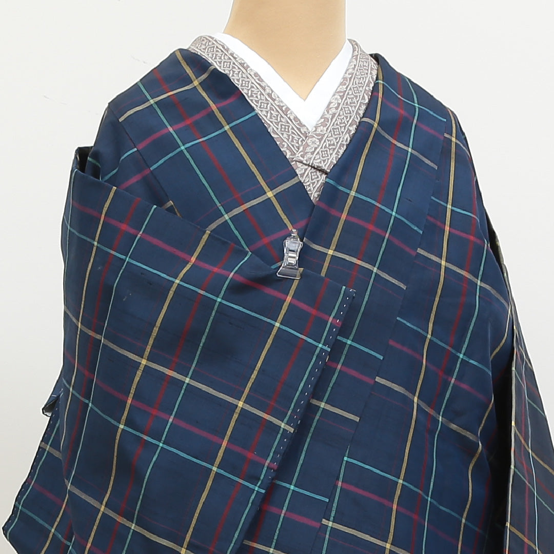 道中着(紬) 袷 身丈76cm 裄丈64cm 正絹 Bランク Mサイズ カジュアル 格子 青系 1264-05472