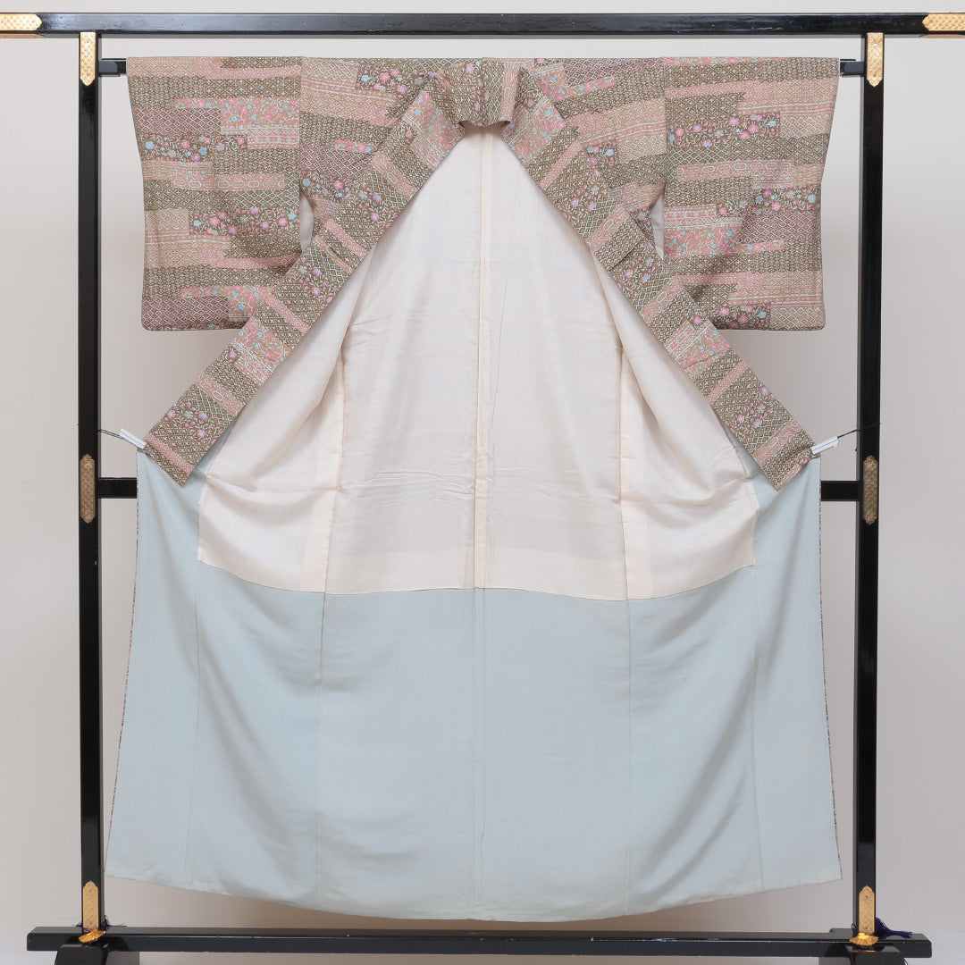 小紋 袷 身丈154cm 裄丈66cm 正絹 Sランク インフォーマル 広衿 Sサイズ 茶系 RP 1221-00150