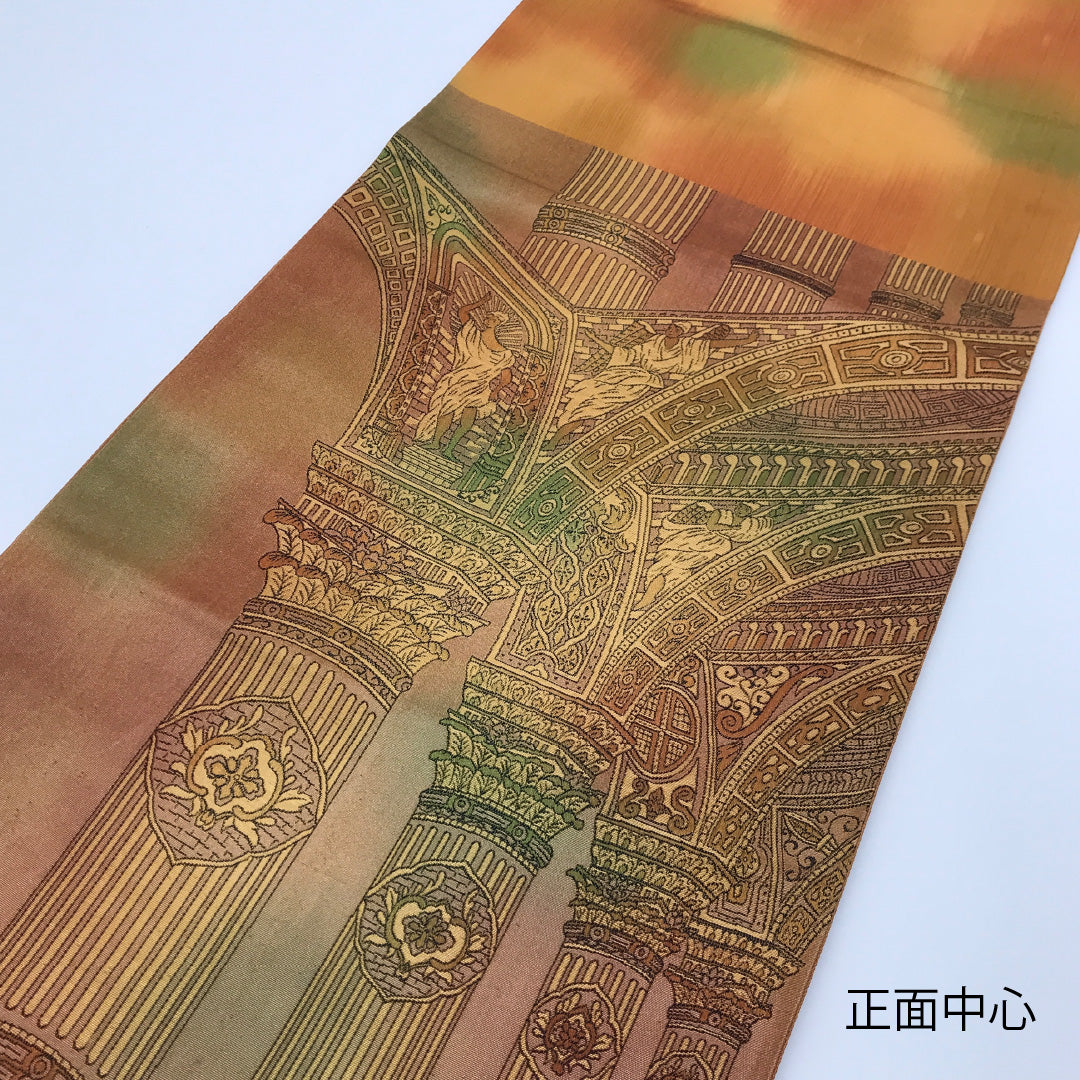 袋帯 帯丈416cm 六通 引き箔 オリエンタル セミフォーマル 茶系 正絹 Sランク 1223-00122
