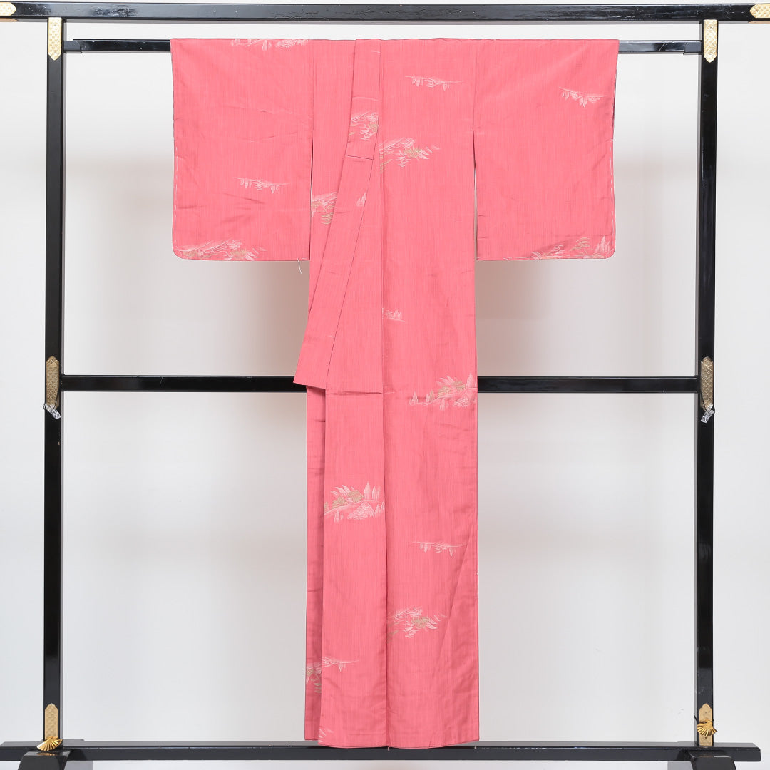 紬 袷 身丈150cm 裄62cm 正絹 ピンク系 Aランク 小紋 しつけ糸 創作 1216321300134