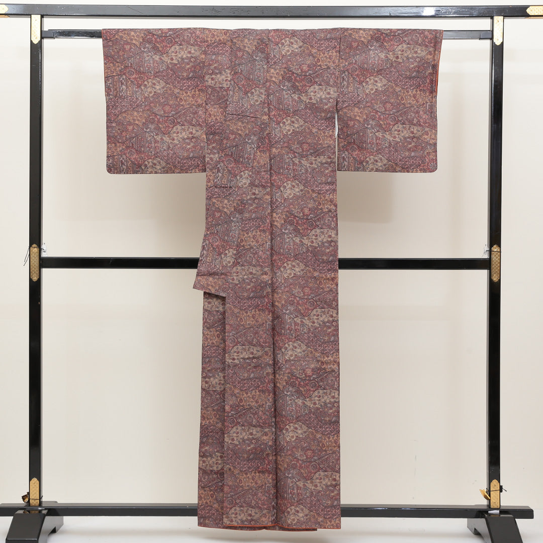 小紋 袷 身丈157cm 裄64.5cm 茶系 モダン 正絹 Sランク 1215006352314