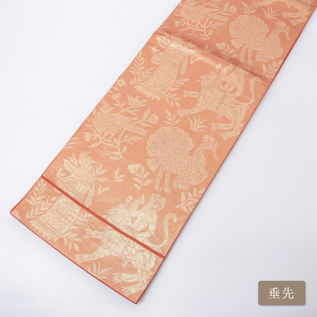 袋帯 帯丈424cm 六通 金襴 花喰鳥 オリエンタル セミフォーマル 朱系 正絹 Sランク 1223-00208