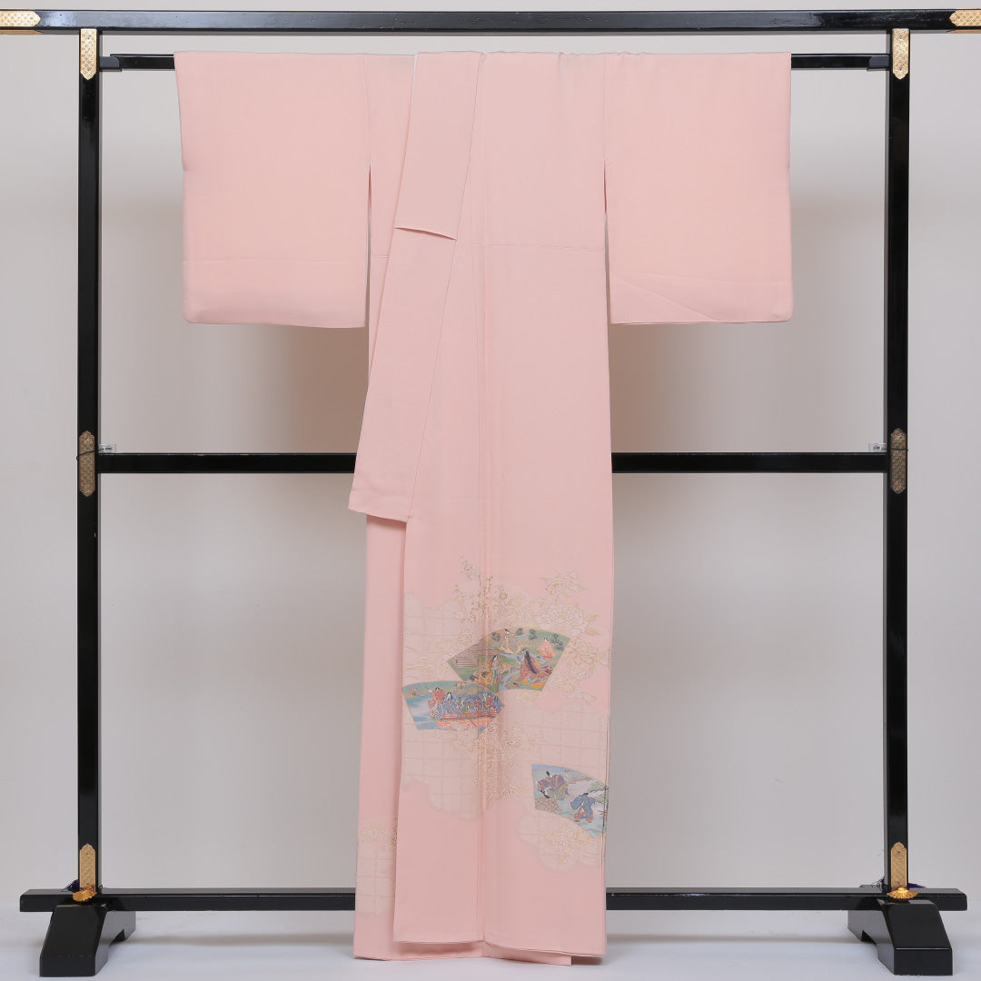 色留袖 三つ紋 下がり藤 身丈160cm 裄丈66cm Sランク 正絹 袷 比翼 広衿 L 平安絵巻 セミフォーマル ピンク系 1211-F0113