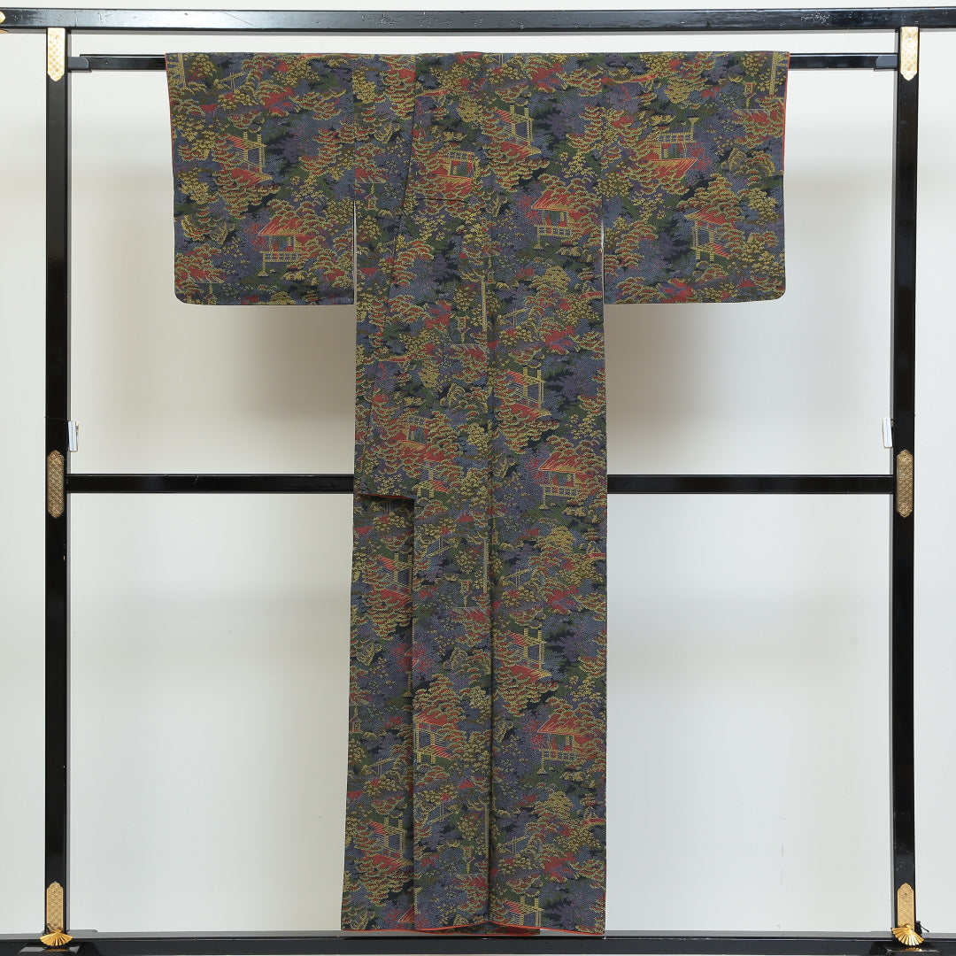 小紋 袷 身丈149cm 裄丈63cm 正絹 Aランク インフォーマル 広衿 XSサイズ 茶屋辻 紺系 RP 1221-00749
