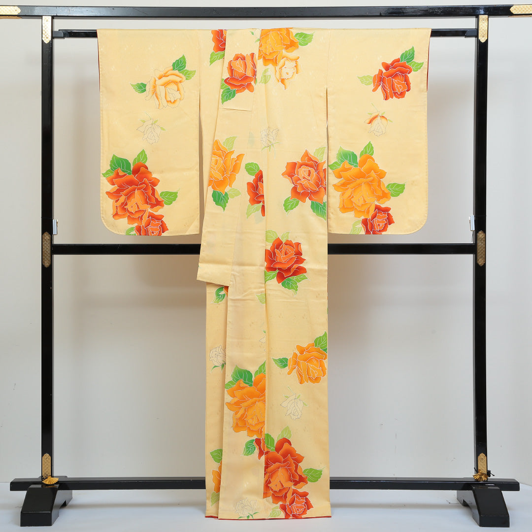 小振袖 身丈164cm 裄丈66.5cm Sランク 袷 洗える着物 ポリエステル 広衿 薔薇 レトロ 1213-F0035