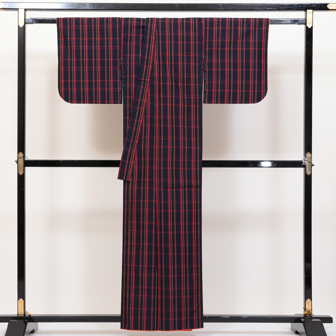 小紋 袷 アンサンブル 身丈156cm 裄丈66cm 紺系 正絹 優品 しつけ糸 格子 紺色 1215331800432