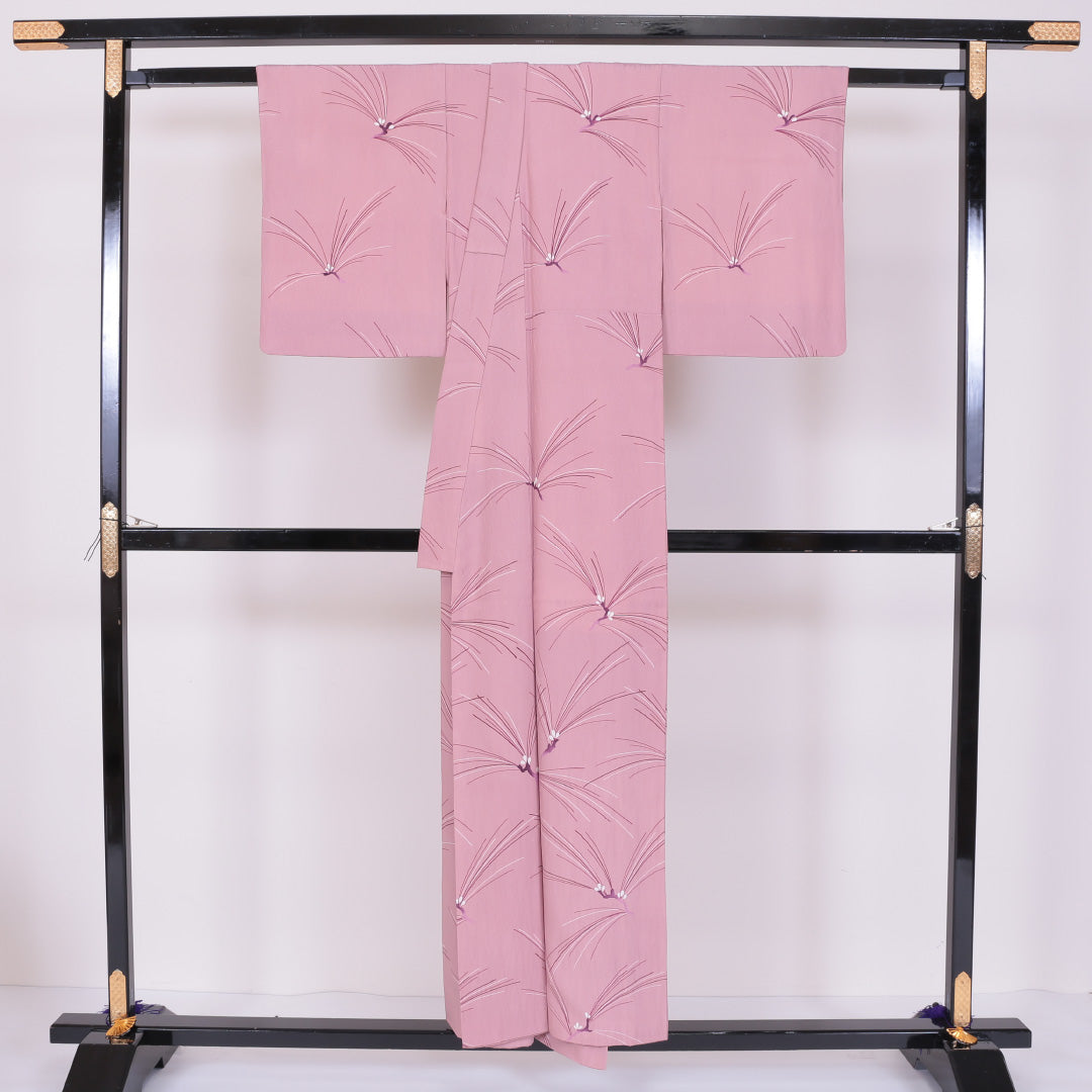 小紋 袷 身丈150cm 裄丈63cm 正絹 Sランク インフォーマル バチ衿 Sサイズ 植物柄 ピンク系 RP 1221-00081